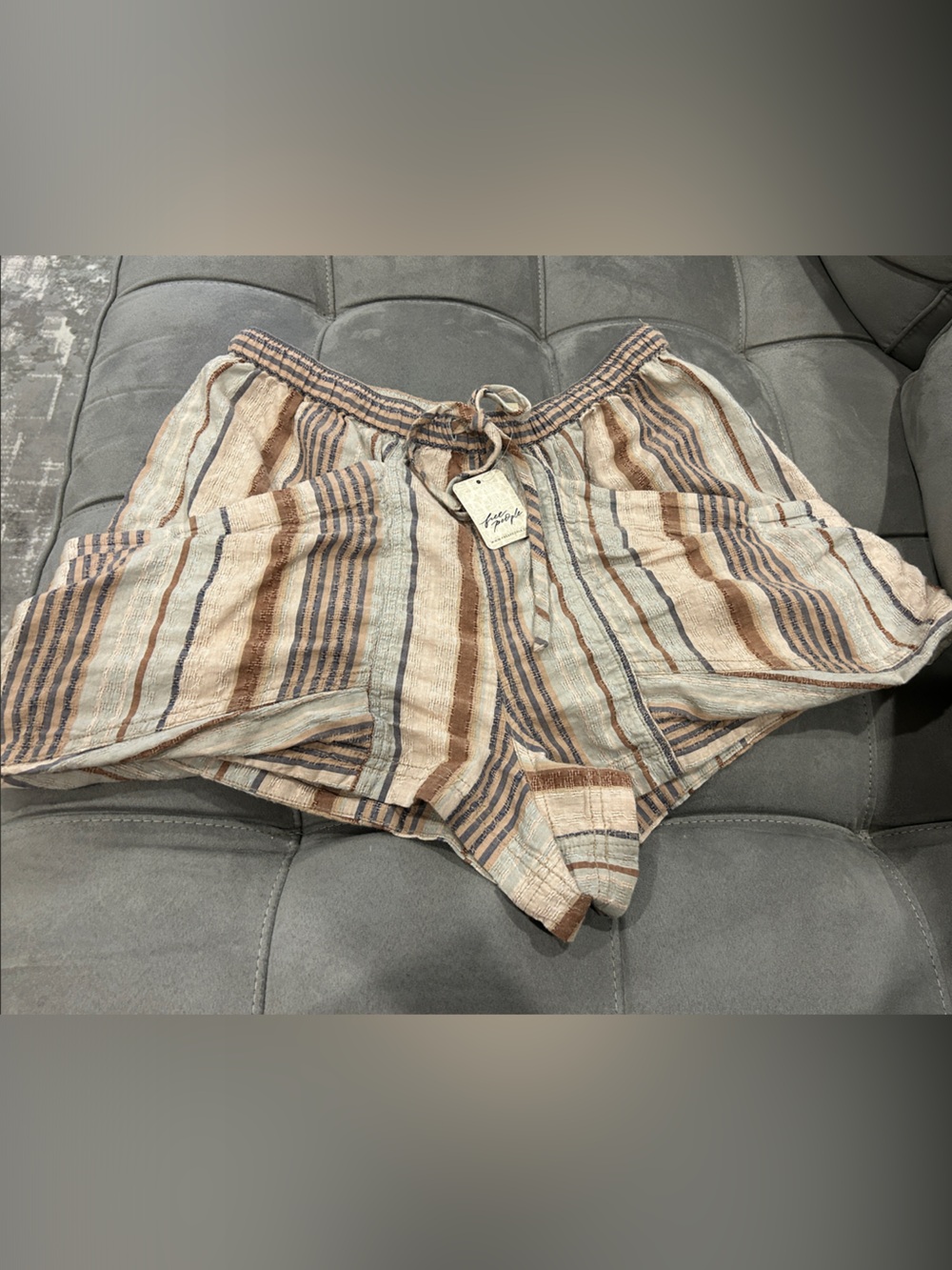 Free People Striped Linen-Blend Drawstring Cargo Shorts in Beige, Brown & Blue